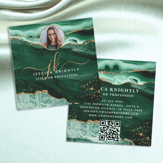 Green Agate Gold Glitter Script Foto QR Vierkante Visitekaartje
