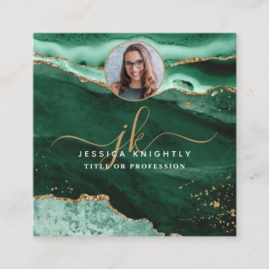 Green Agate Gold Glitter Script Foto QR Vierkante Visitekaartje (Voorkant)
