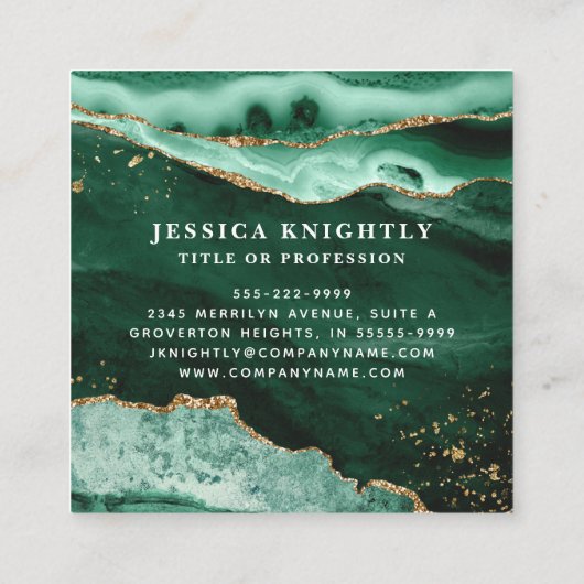 Green Agate Gold Glitter Script Foto Vierkante Visitekaartje (Achterkant)