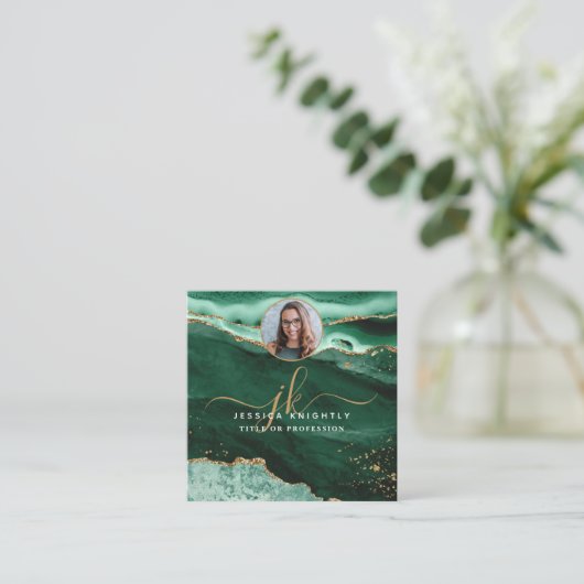 Green Agate Gold Glitter Script Foto Vierkante Visitekaartje (Staand voorkant)