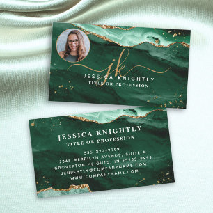 Green Agate Gold Glitter Script Monogram Foto Visitekaartje