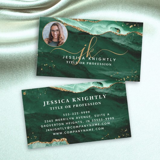 Green Agate Gold Glitter Script Monogram Foto Visitekaartje