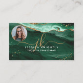 Green Agate Gold Glitter Script Monogram Foto Visitekaartje (Voorkant)