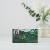 Green Agate Gold Glitter Script Monogram Foto Visitekaartje (Staand voorkant)