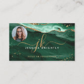 Green Agate Gold Glitter Script Monogram Foto Visitekaartje (Voorkant)