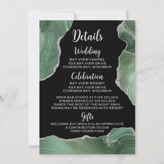 Green Agate Silver Glitter Wedding Invitation Kaart (Achterkant)
