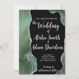 Green Agate Silver Glitter Wedding Invitation Kaart