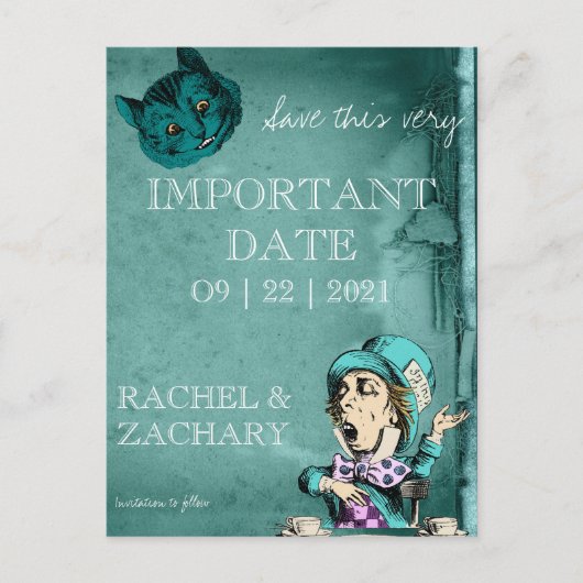 Green Alice in Wonderland Wedding Save the Date Briefkaart (Voorkant)