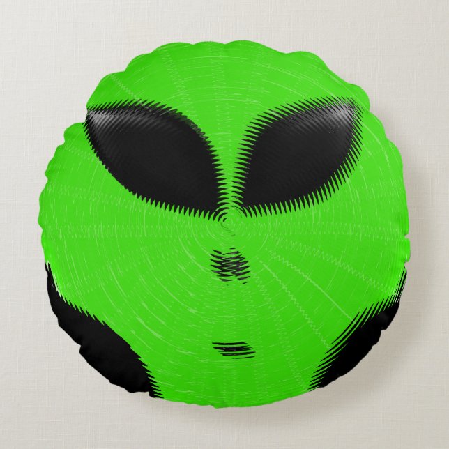 Green Alien Head Rond Kussen (Voorkant)