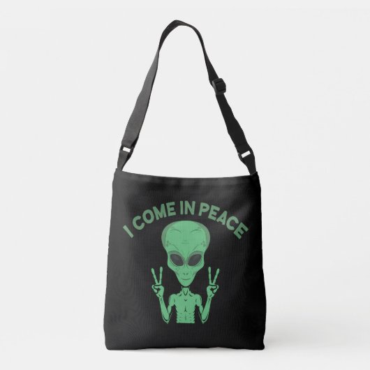 Green Alien I Come In Peace Extraterrestrial UFO Crossbody Tas (Achterkant)