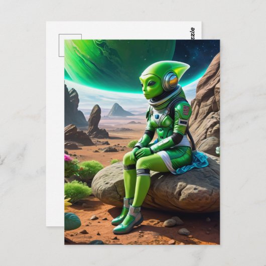 Green Alien Thinker Pose Briefkaart (Voorkant / Achterkant)