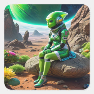 Green Alien Thinker Pose Vierkante Sticker