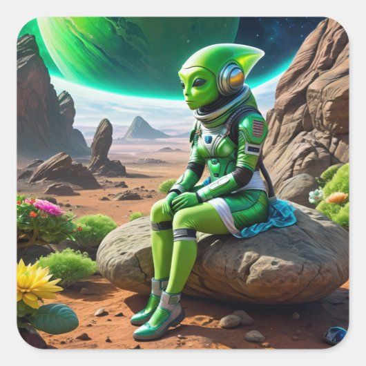 Green Alien Thinker Pose Vierkante Sticker (Voorkant)