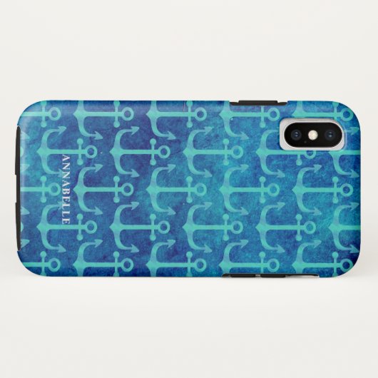 Green Anchor Pattern Blue Waterverf Case-Mate iPhone Case (Achterkant (horizontaal))