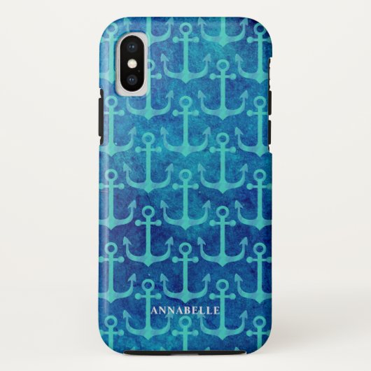Green Anchor Pattern Blue Waterverf Case-Mate iPhone Case (Achterkant)