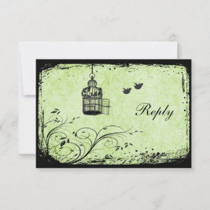 Green and Black Birdcage Lovevogels Reply Card RSVP Kaartje