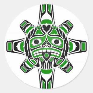Green and Black Haida Sun Mask on White Ronde Sticker