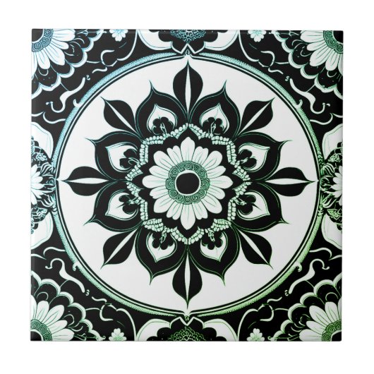 Green and Black Mandala Tile Tegeltje (Voorkant)