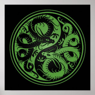 Green and Black Yin Yang Chinese Dragons Poster