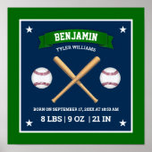 Green and Blue Baseball Bats and Balls Birth Stats Poster (Voorkant)