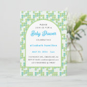 Green and Blue Dots Modern Baby Shower Invitation Kaart (Staand voorkant)