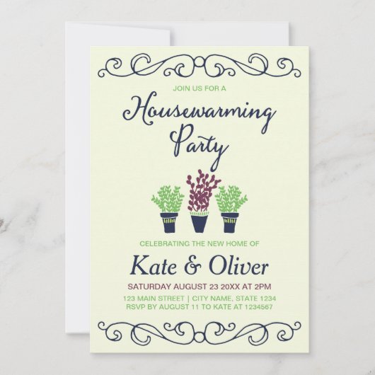 Green and Blue Potted Plants Housewarming Party Kaart (Voorkant)