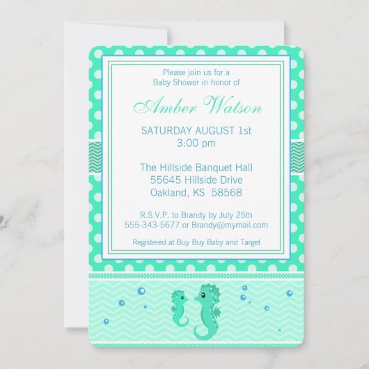 Green and Blue Seahorse Baby shower Invitation Kaart (Voorkant)