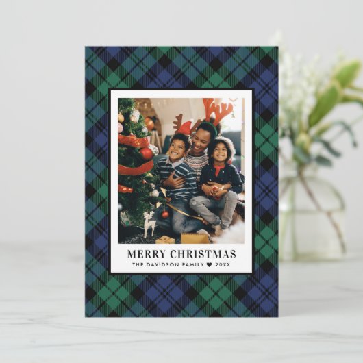 Green and Blue Tartan Pset Merry-kerstfoto Feestdagenkaart (Staand voorkant)