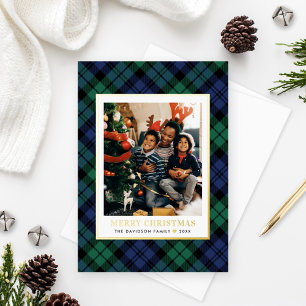 Green and Blue Tartan Pset met kerstfoto Gold Folie Feestdagenkaart