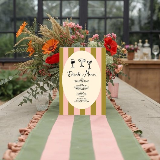 Green and Blush Pink Striped “Drinks Menu” Wedding Perfect Poster