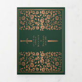 Green and Copper Royal Medieval Sword Wedding Drieluik Uitnodiging (Cover)