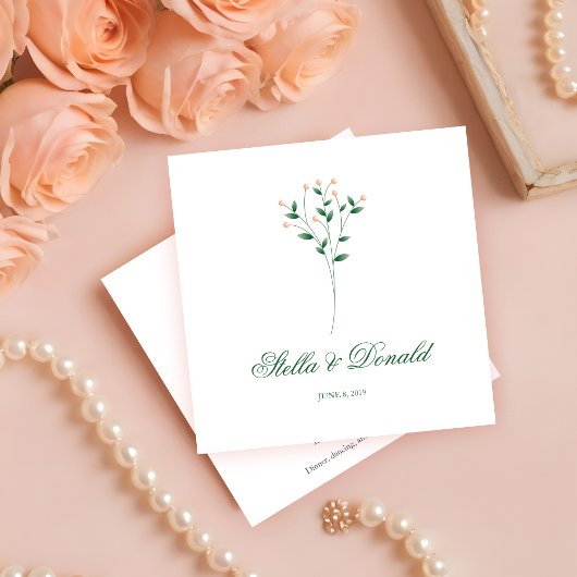 Green and Coral Twigs Wedding Monogram Kaart
