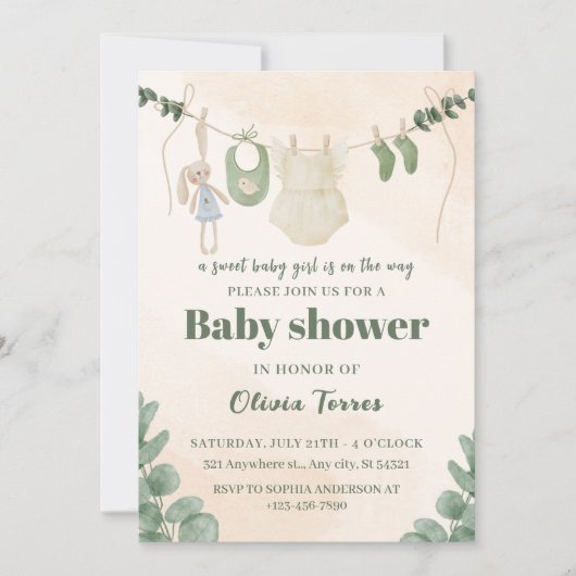Green and Cream Waterverf Baby shower Uitnodiging (Voorkant)