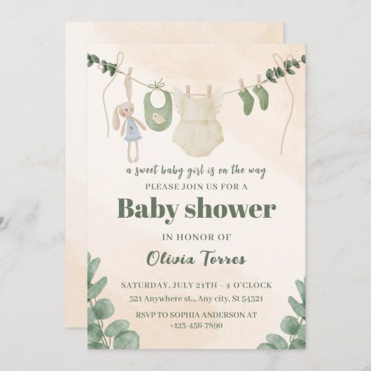 Green and Cream Waterverf Baby shower Uitnodiging (Voorkant / Achterkant)