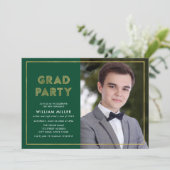 Green and Faux Gold Geometric Photo Afstudeerder P Kaart (Staand voorkant)