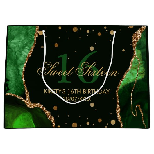 Green and Faux Gold Glitter Agate Sweet 16 Groot Cadeauzakje (Voorkant)