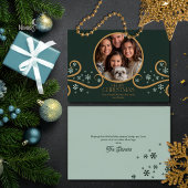 Green and Faux Gold Snowflake Holiday Photo Card Kaart