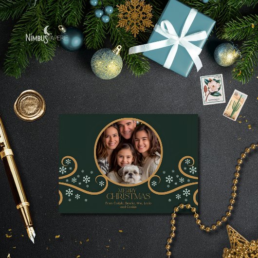 Green and Faux Gold Snowflake Holiday Photo Card Kaart