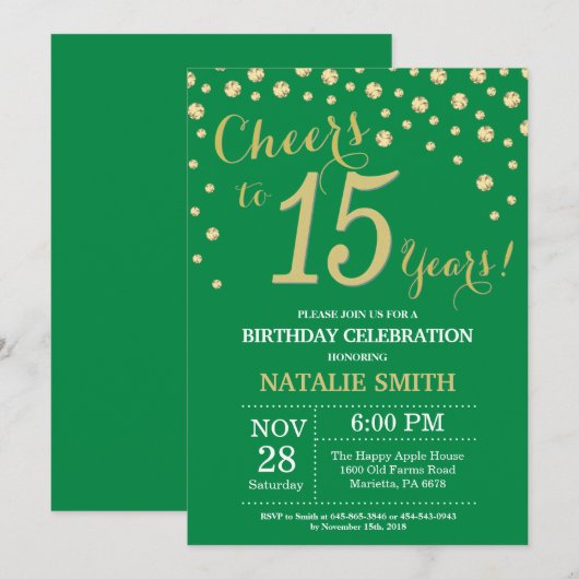 Green and Gold 15th Birthday Diamond Kaart (Voorkant / Achterkant)