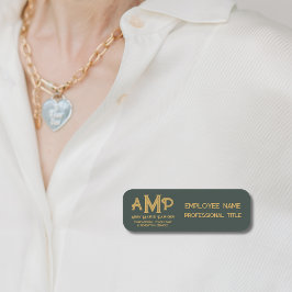 Green and Gold 3 Letter Monogram Business Employee Naamplaatje