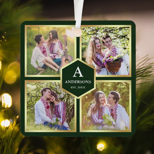 Green and Gold 4 Afbeeldingen Family Photo Collage Metalen Ornament