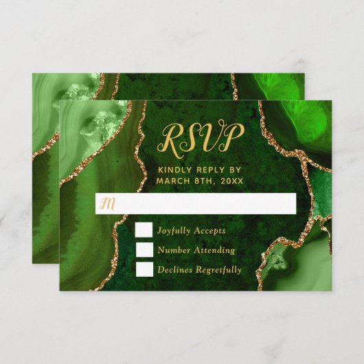 Green and Gold Agate Marble RSVP Kaartje (Voorkant / Achterkant)