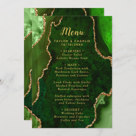 Green and Gold Agate Marble Wedding Menu (Voorkant / Achterkant)