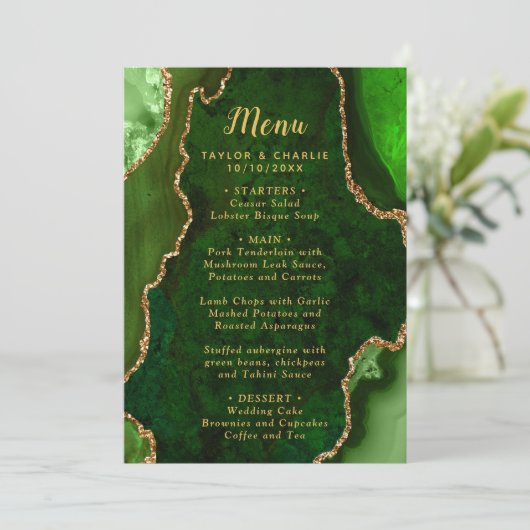 Green and Gold Agate Marble Wedding Menu (Staand voorkant)