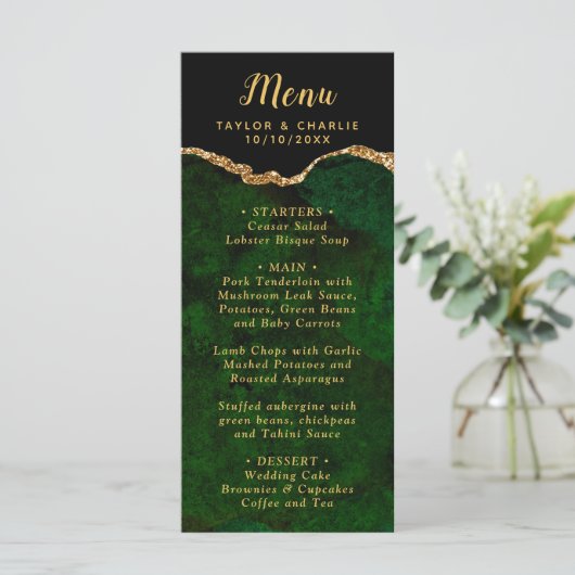 Green and Gold Agate Marble Wedding Menu (Staand voorkant)