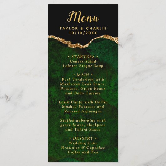Green and Gold Agate Marble Wedding Menu (Voorkant)