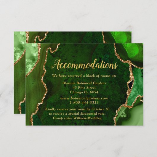 Green and Gold Agate Wedding Accommodations Informatiekaartje (Voorkant / Achterkant)