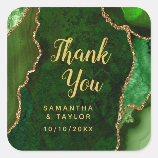 Green and Gold Agate Wedding Bedankt Vierkante Sticker (Voorkant)