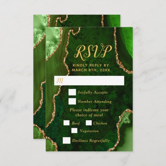 Green and Gold Agate Wedding Meal Choice RSVP Kaartje (Voorkant / Achterkant)