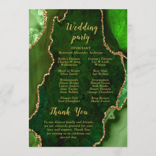 Green and Gold Agate Wedding Program Programmakaart (Achterkant)